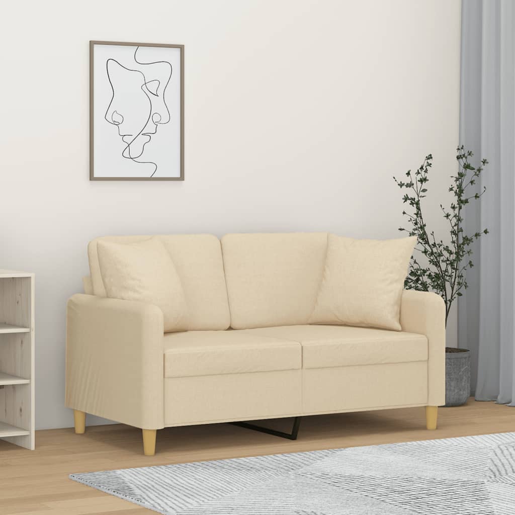 vidaXL Sofá 2 lugares + almofadas decorativas 120 cm tecido cor creme