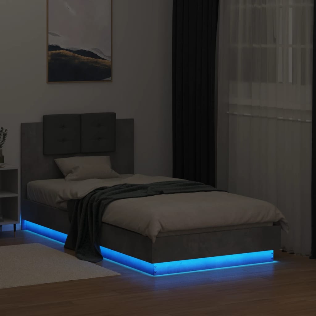 vidaXL Estrutura de cama c/ cabeceira/luzes LED 90x190cm cinza cimento