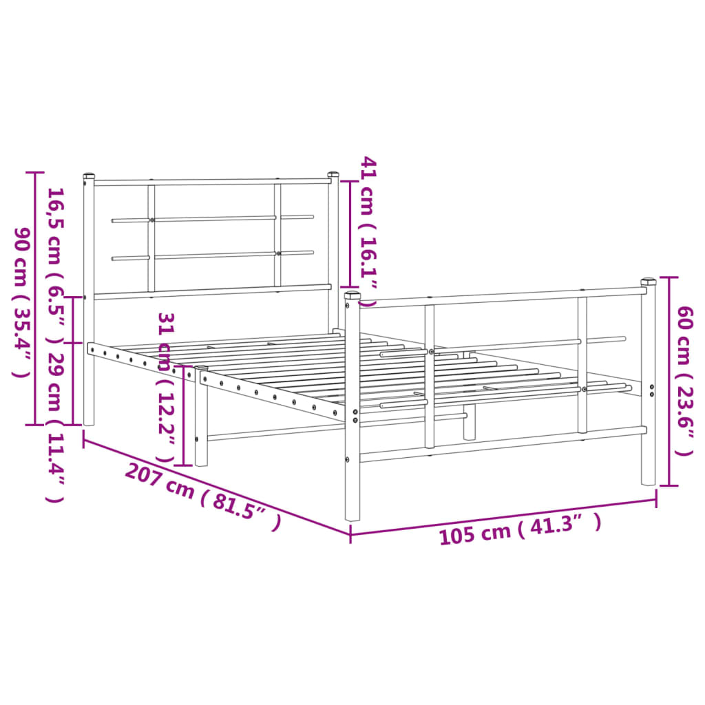 vidaXL Estrutura de cama com cabeceira e pés 100x200 cm metal preto