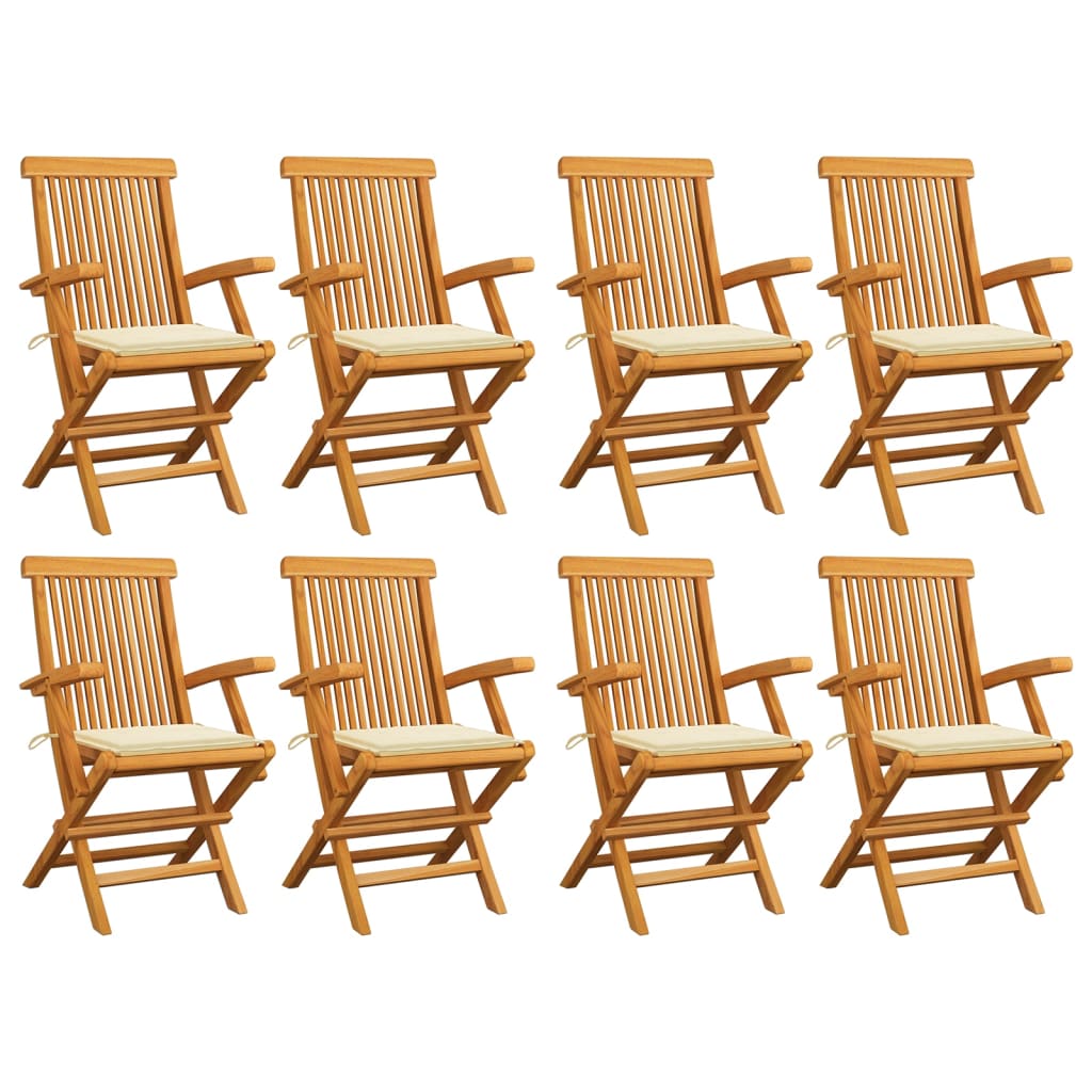 vidaXL Cadeiras de jardim c/ almofadões creme 8 pcs teca maciça