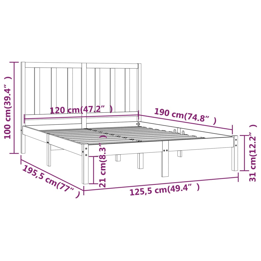 vidaXL Estrutura de cama dupla pequena 4FT 120x190 cm pinho maciço