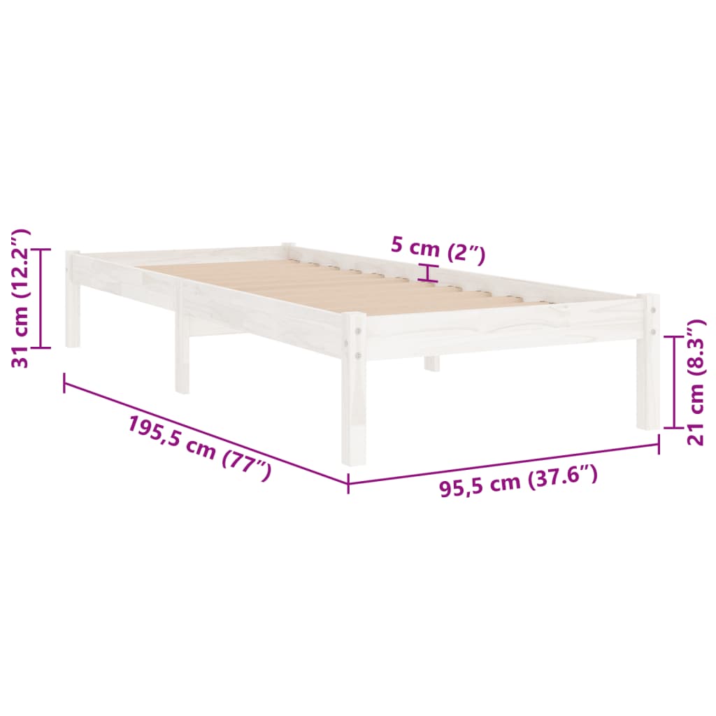 vidaXL Estrutura de cama solteiro 90x190 cm madeira maciça branco