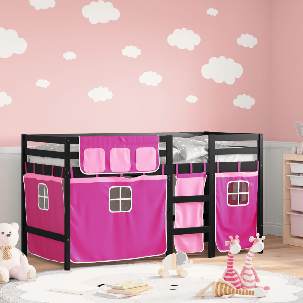 vidaXL Cama alta p/ criança c/ cortinas 90x190 cm pinho maciço rosa
