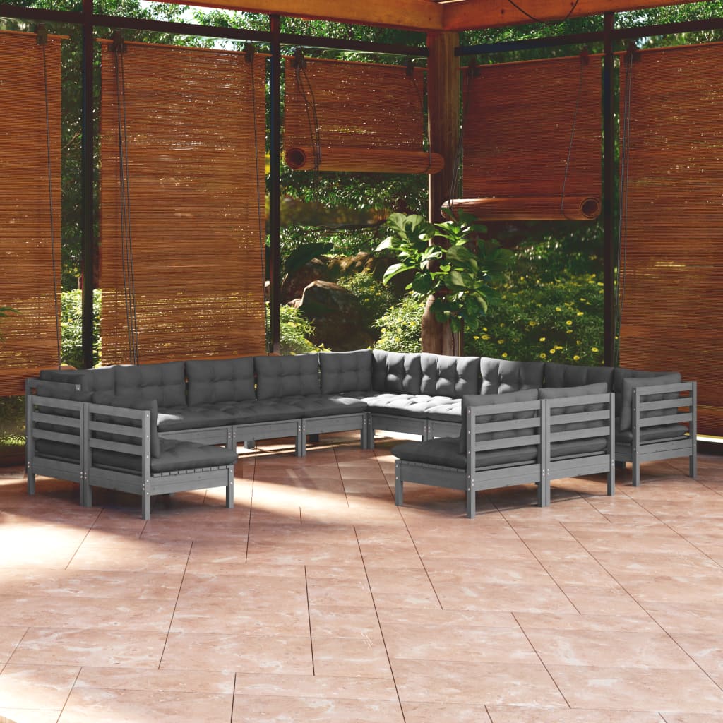 vidaXL 13pcs conjunto lounge de jardim + almofadões pinho maciço cinza