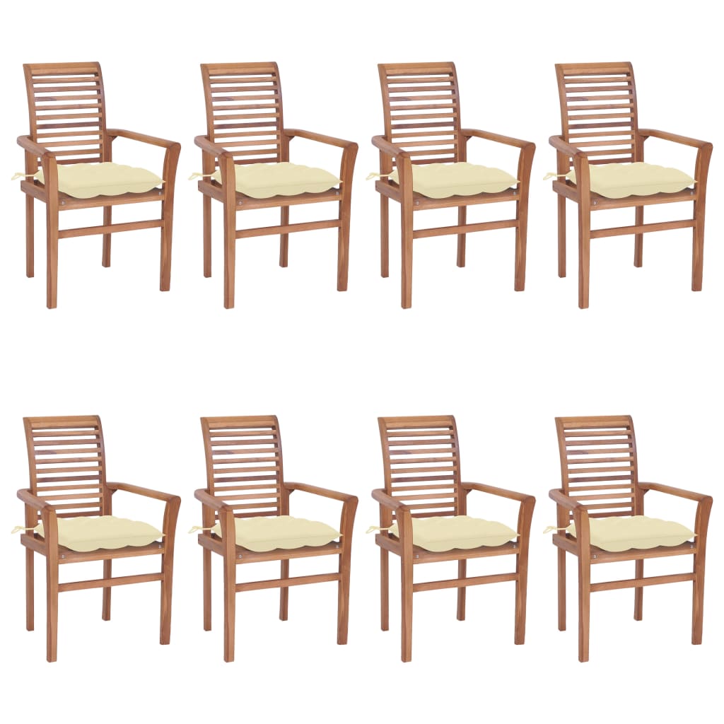 vidaXL Cadeiras de jantar 8 pcs c/ almofadões branco nata teca maciça