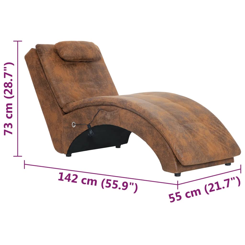 vidaXL Chaise longue massagem c/ almofada camurça artificial castanho
