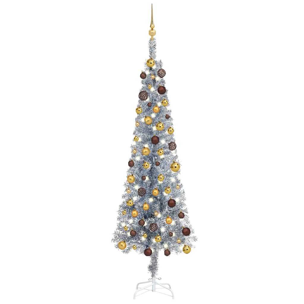 vidaXL Árvore de Natal pré-iluminada fina com bolas 180 cm prateado