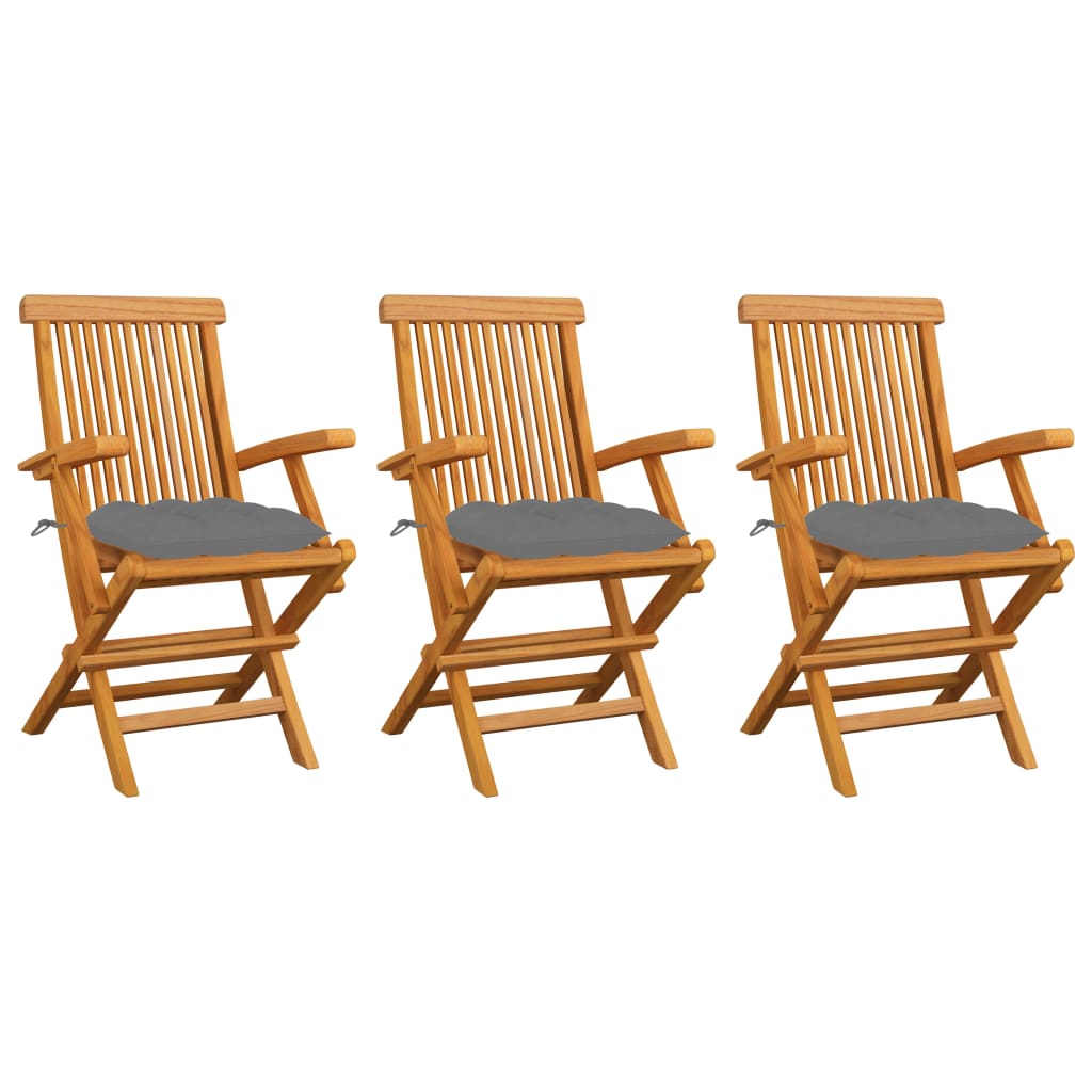 vidaXL Cadeiras de jardim c/ almofadões cinzentos 3 pcs teca maciça