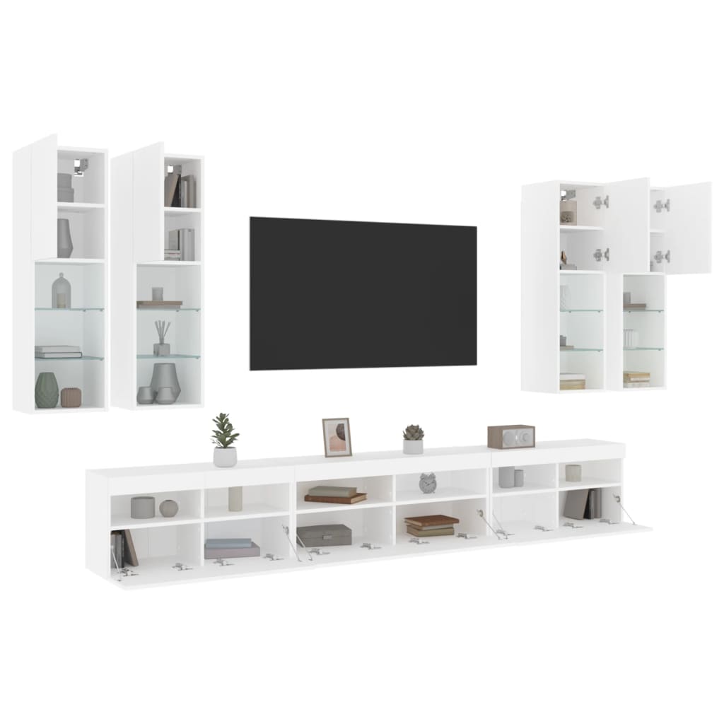 vidaXL 7 pcs conjunto de móveis de parede para TV com luzes LED branco