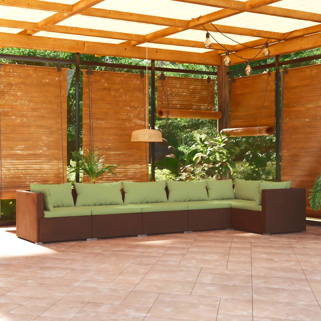 vidaXL 6 pcs conjunto lounge de jardim c/ almofadões vime PE castanho
