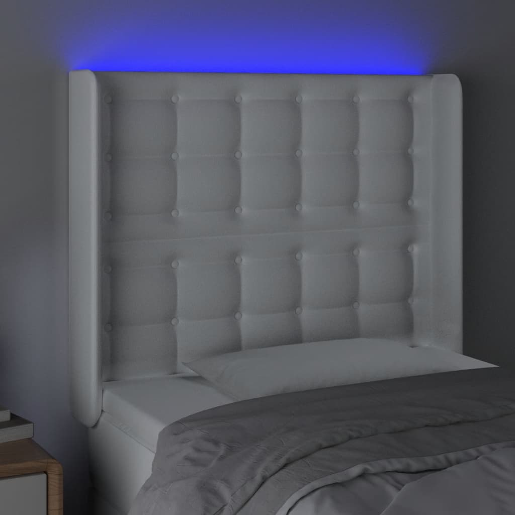 vidaXL Cabeceira cama c/ LED couro artificial 83x16x118/128 cm branco