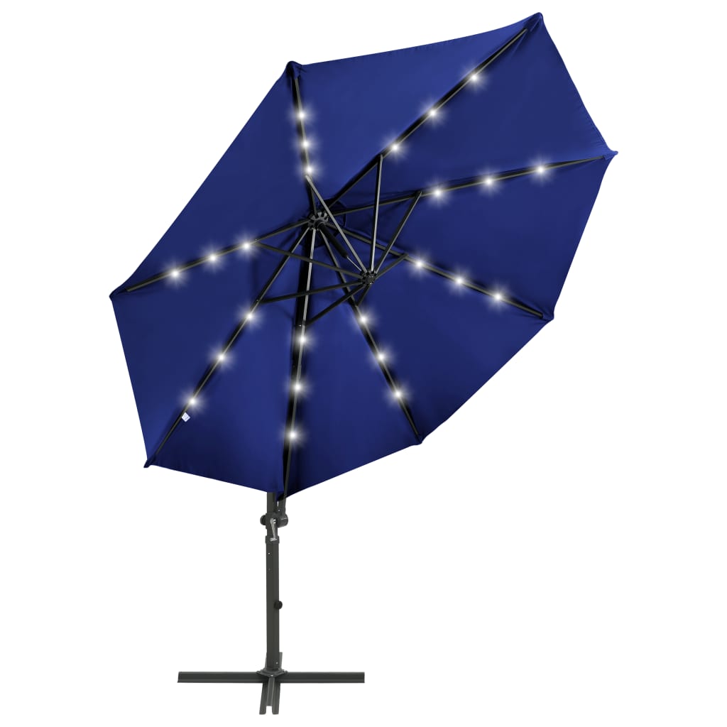vidaXL Guarda-sol cantilever c/ poste e luzes LED 300 cm azul-ciano