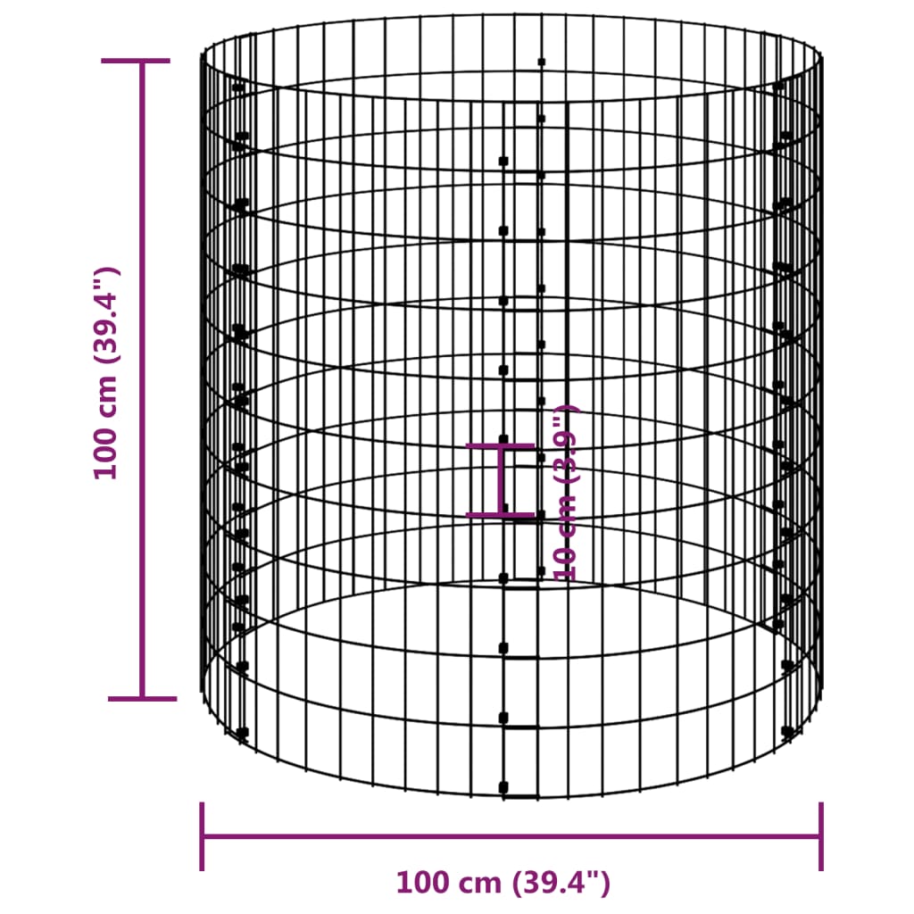 vidaXL Canteiro elevado/cesto gabião poste Ø100x100 cm aço galvaniz.