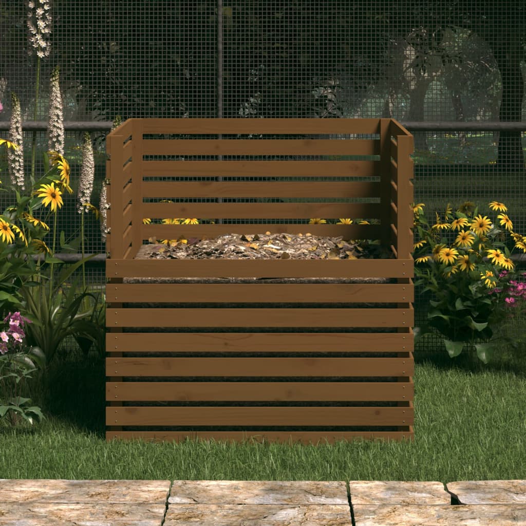 vidaXL Caixote de compostagem 100x100x102 cm pinho maciço castanho mel