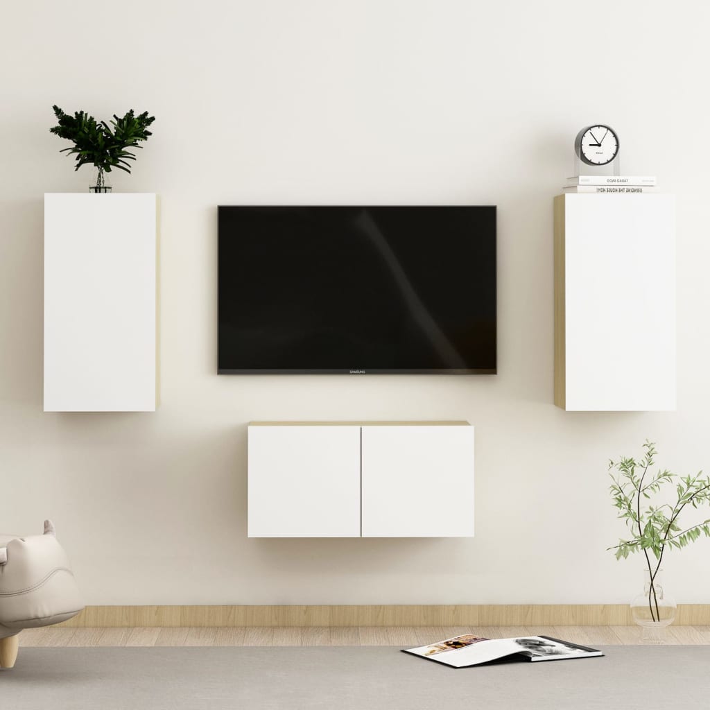 vidaXL 3 pcs conj. móveis de TV contraplacado branco e carvalho sonoma