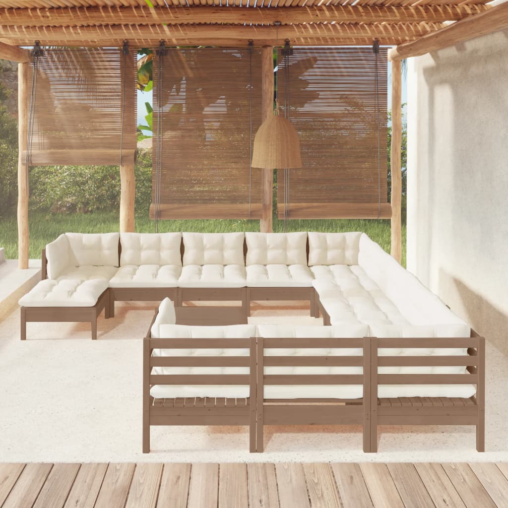 vidaXL 13pcs conj lounge jardim + almofadões pinho maciço castanho-mel
