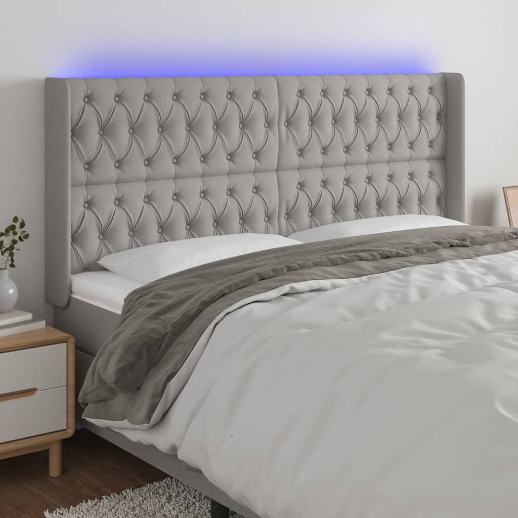 vidaXL Cabeceira cama c/ luzes LED tecido 203x16x118/128cm cinza-claro