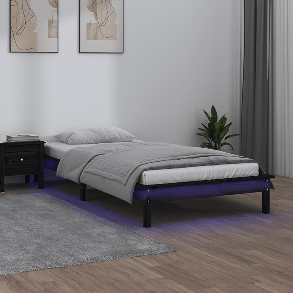 vidaXL Estrutura cama c/ LED solteiro 75x190 cm madeira maciça preto