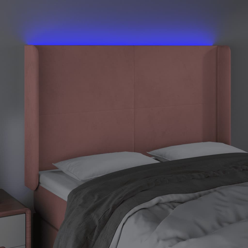 vidaXL Cabeceira de cama c/ luzes LED veludo 147x16x118/128 cm rosa