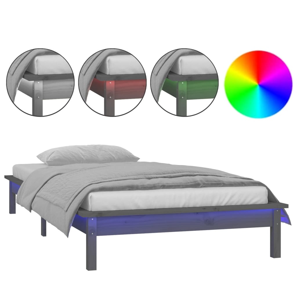 vidaXL Estrutura cama de solteiro c/ LED 90x190cm madeira maciça cinza
