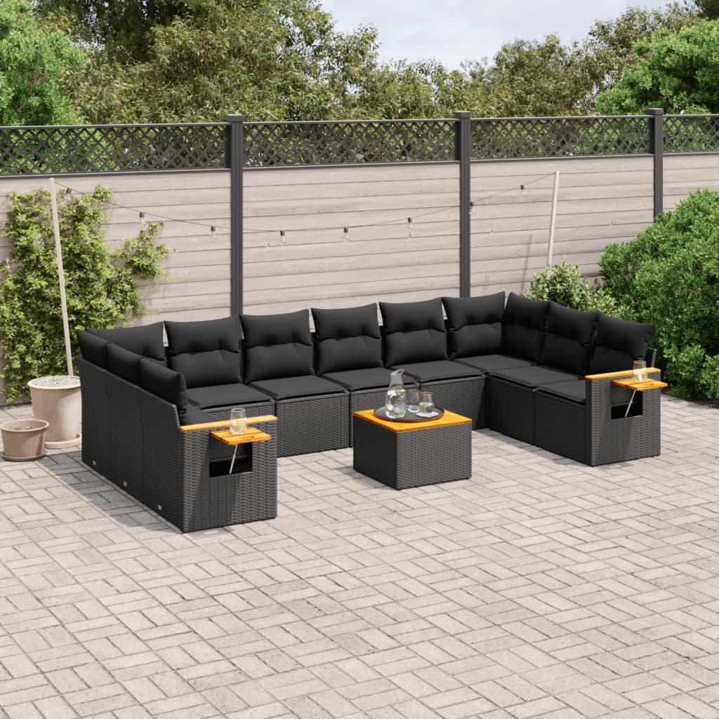 vidaXL 11 pcs conjunto sofás de jardim c/ almofadões vime PE preto