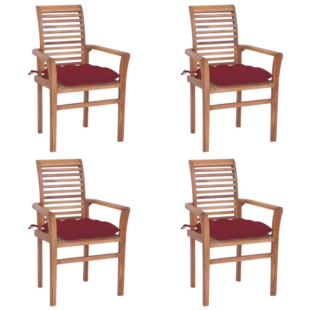 vidaXL Cadeiras jantar 4 pcs c/ almofadões vermelho tinto teca maciça