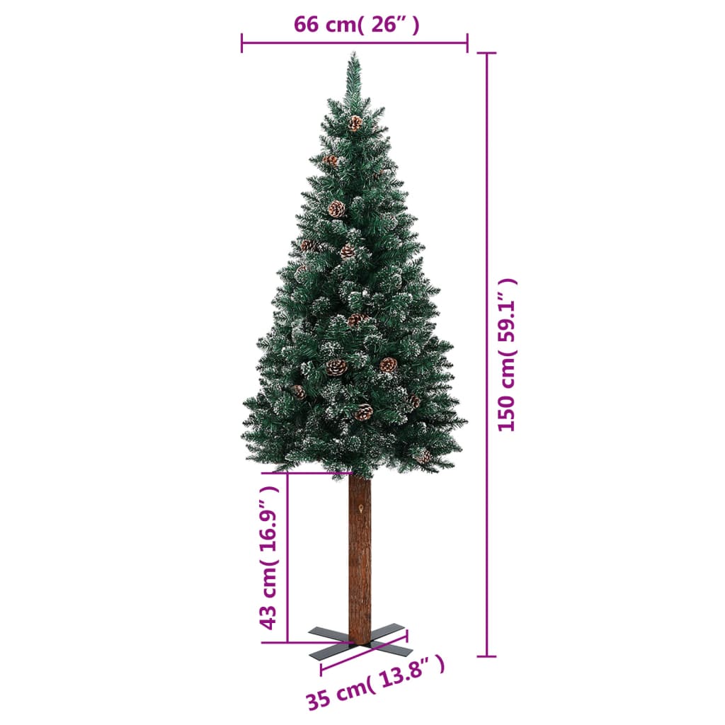 vidaXL Árvore de Natal fina madeira genuína e neve branca 150 cm verde