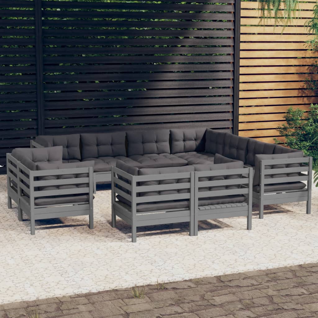 vidaXL 11pcs conjunto lounge de jardim + almofadões pinho maciço cinza
