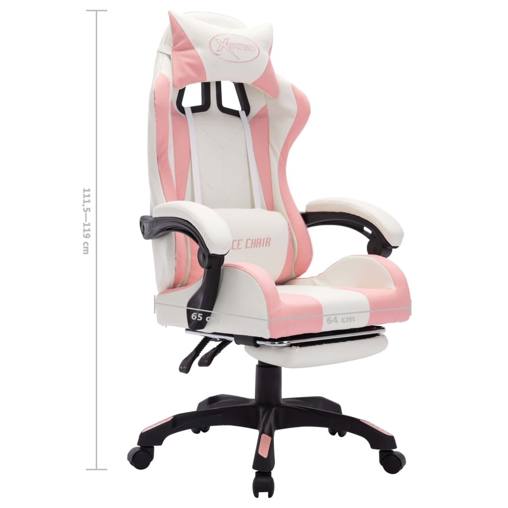 vidaXL Cadeira estilo corrida c/ luzes LED RGB couro arti. rosa/branco