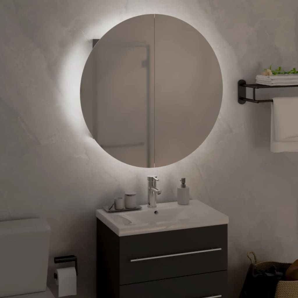 vidaXL Armário p/ casa de banho c/ espelho redondo e LEDs cinza