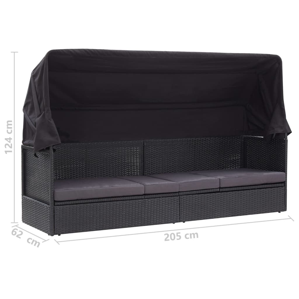 vidaXL Sofá-cama de exterior com toldo vime PE preto