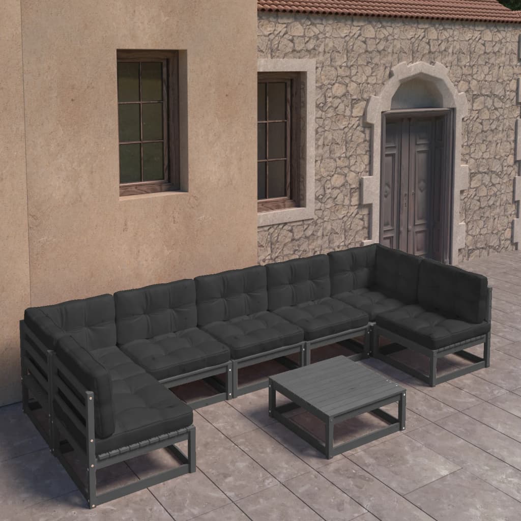 vidaXL 8 pcs conjunto lounge jardim c/ almofadões pinho maciço preto