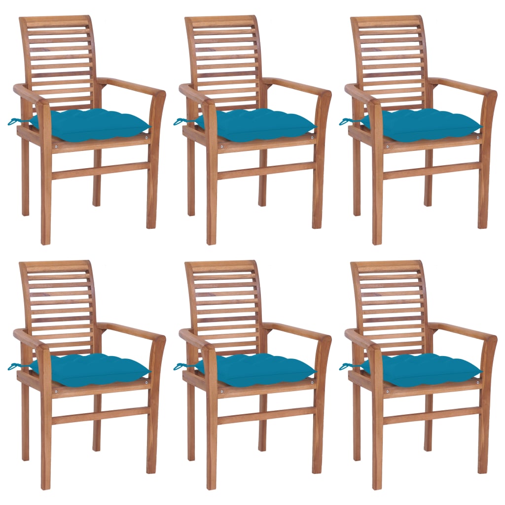 vidaXL Cadeiras de jantar c/ almofadões azul-claro 6 pcs teca maciça