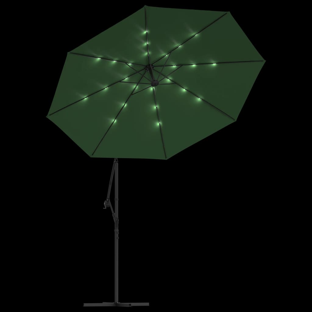 vidaXL Guarda-sol suspenso c/ iluminação LED 300 cm verde mastro metal