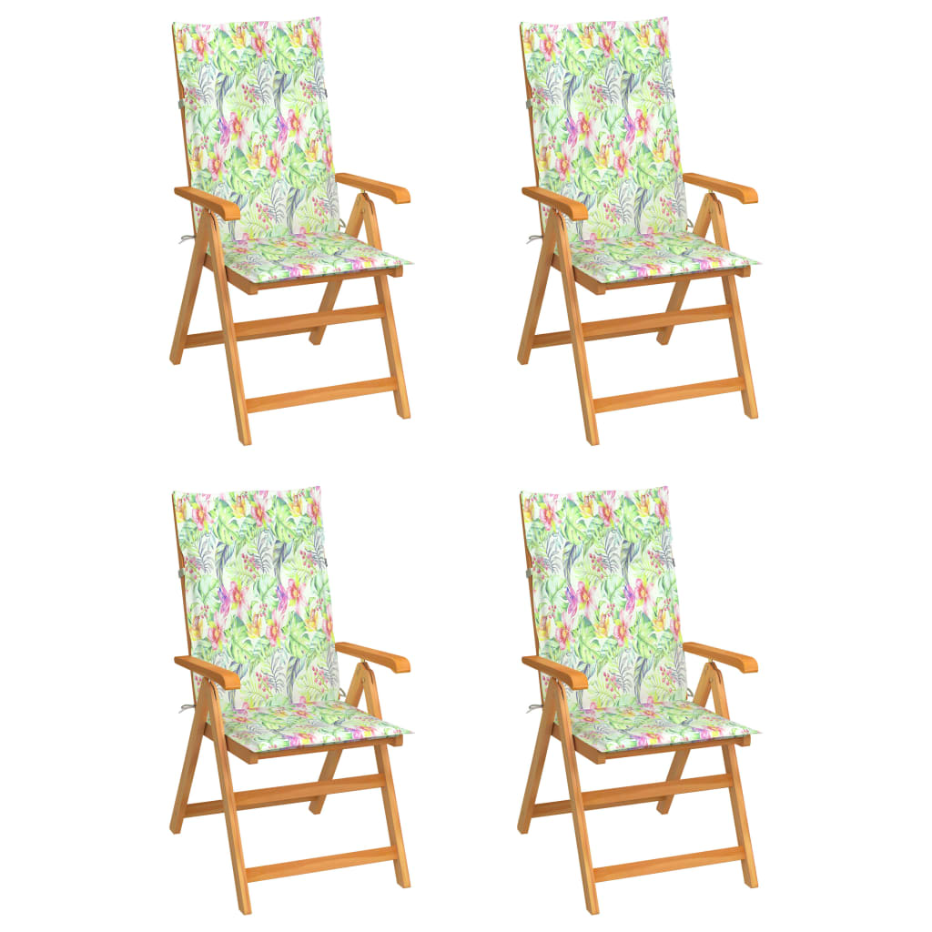 vidaXL Cadeiras jardim c/ almofadões padrão folhas 4 pcs teca maciça