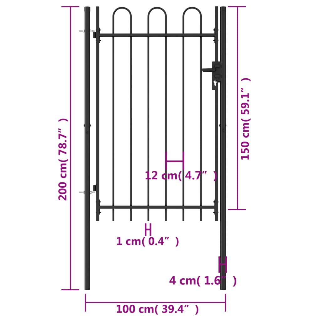 vidaXL Portão de vedação individual com topo arqueado aço 1x1,5m preto