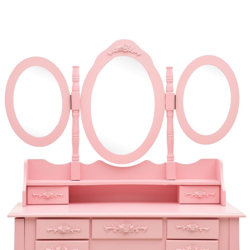 vidaXL Toucador com banco e espelho tripartido rosa