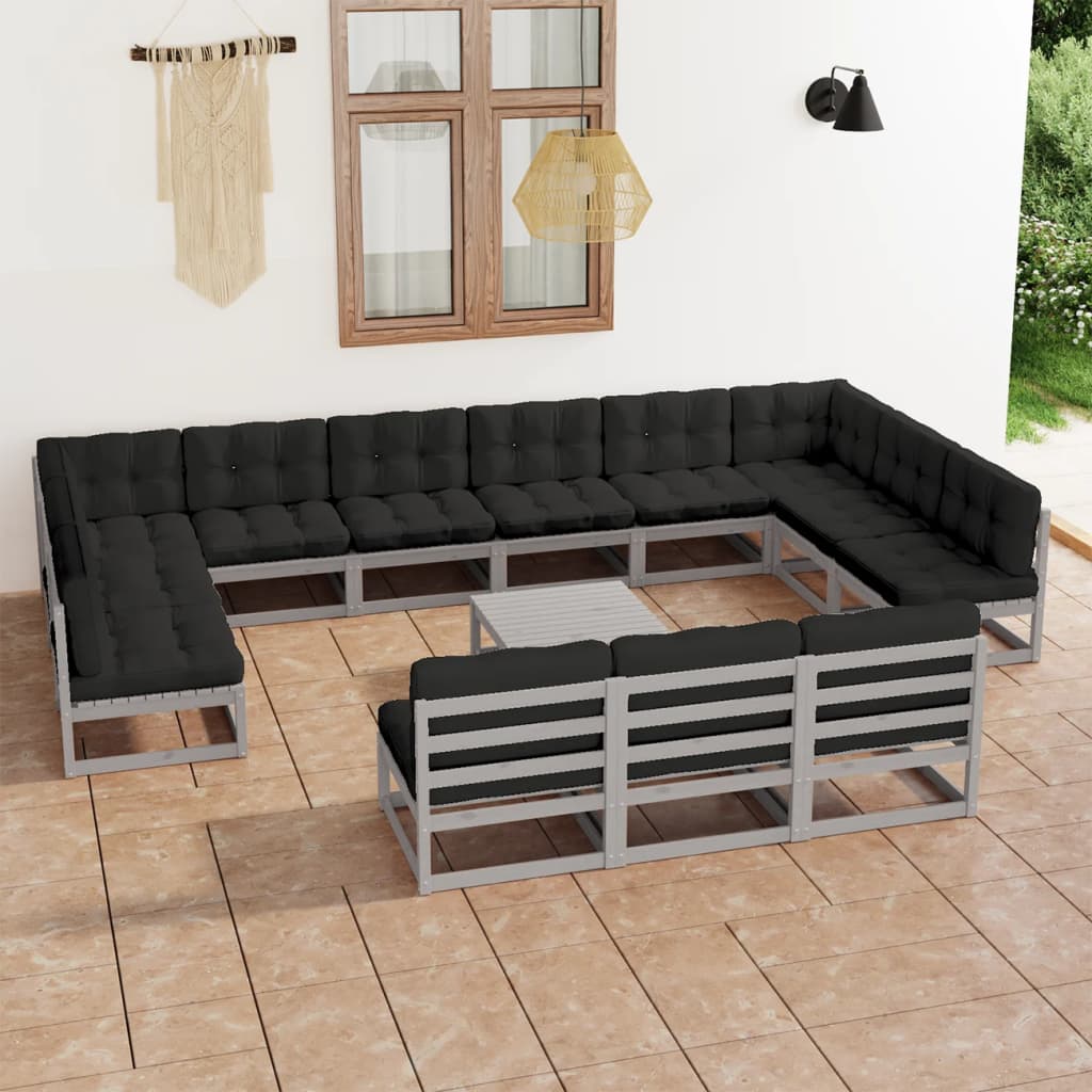 vidaXL 14pcs conjunto lounge de jardim + almofadões pinho maciço cinza