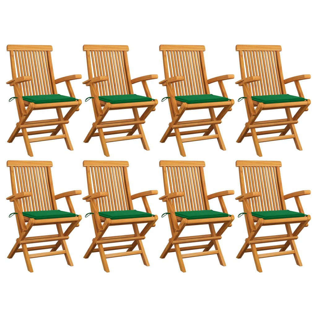 vidaXL Cadeiras de jardim c/ almofadões verdes 8 pcs teca maciça