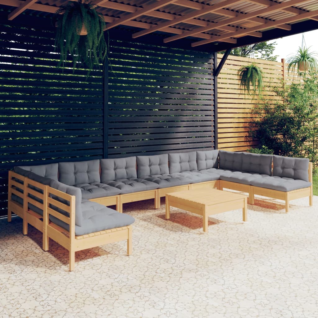 vidaXL 11pcs conjunto lounge de jardim + almofadões cinza pinho maciço