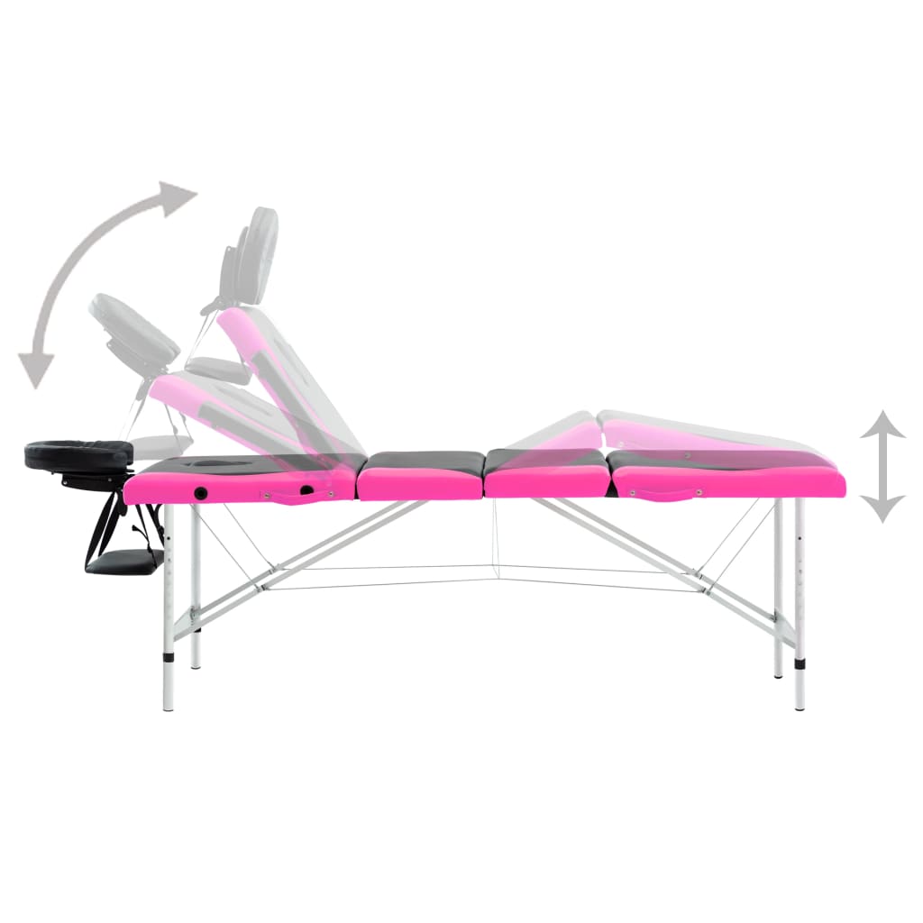 vidaXL Mesa de massagem dobrável 4 zonas alumínio preto e rosa