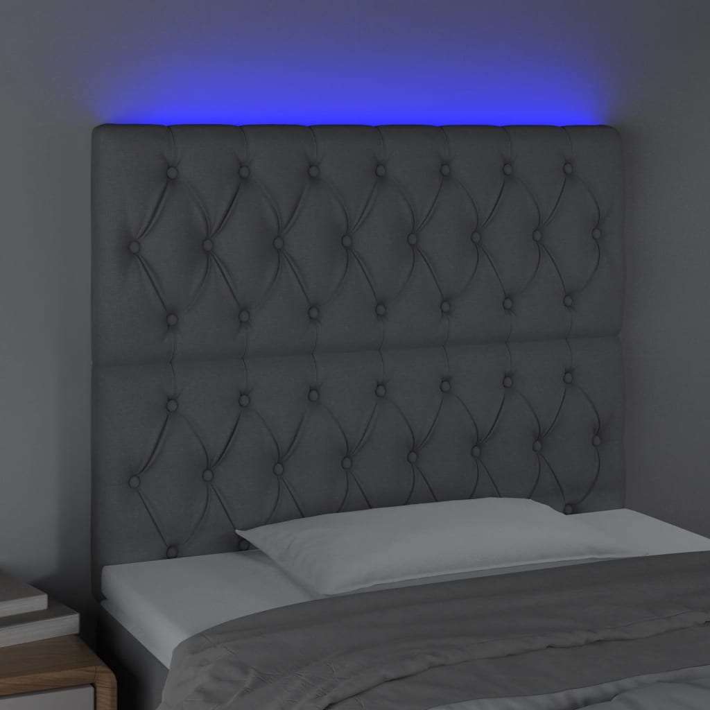 vidaXL Cabeceira cama c/ luzes LED tecido 90x7x118/128cm cinza-claro