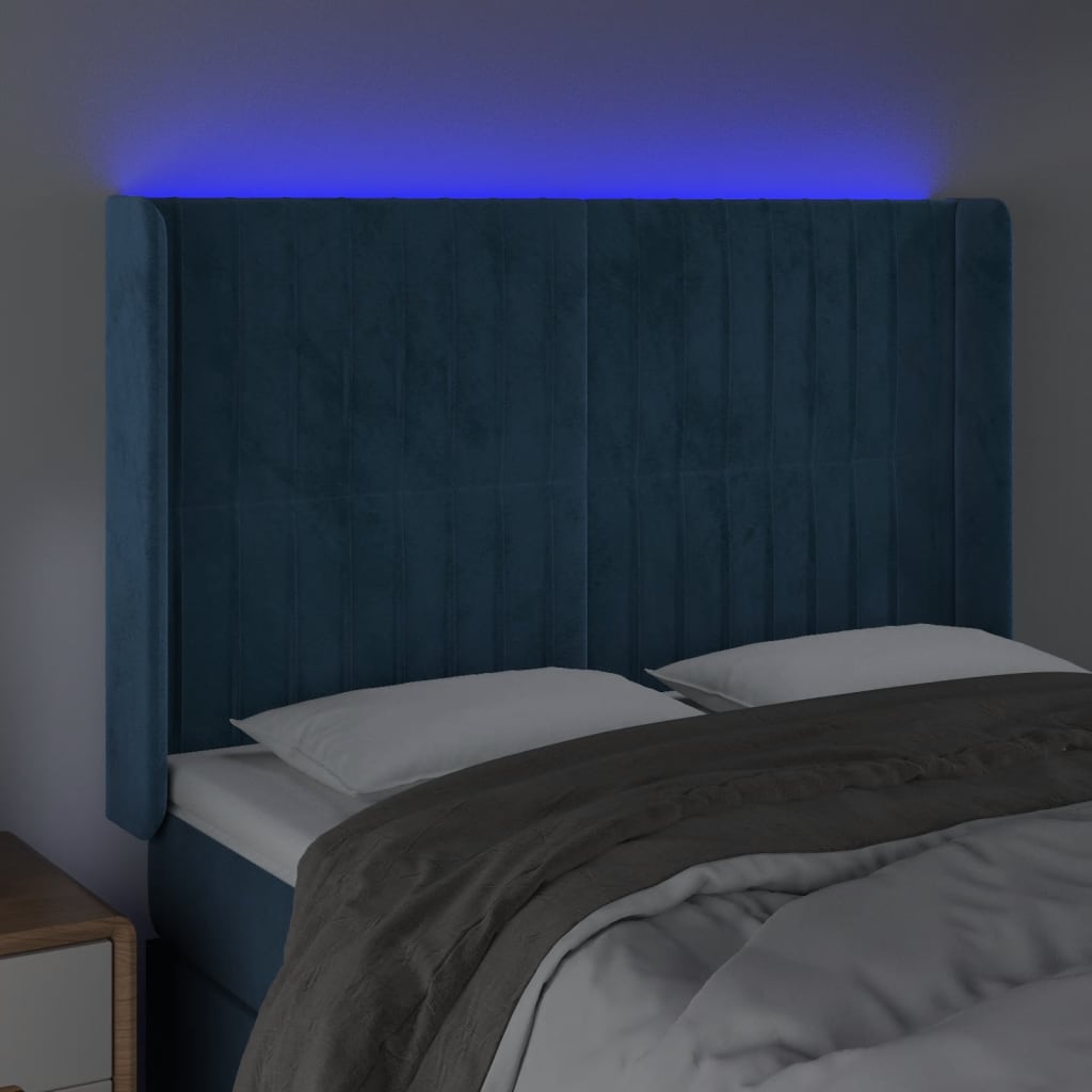 vidaXL Cabeceira cama c/ luzes LED veludo 147x16x118/128cm azul-escuro