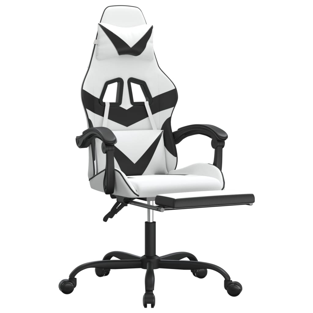 vidaXL Cadeira gaming giratória c/ apoio pés couro artif. branco/preto