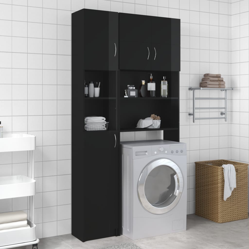 vidaXL Conj. armários máquina lavar roupa contrapl. preto brilhante