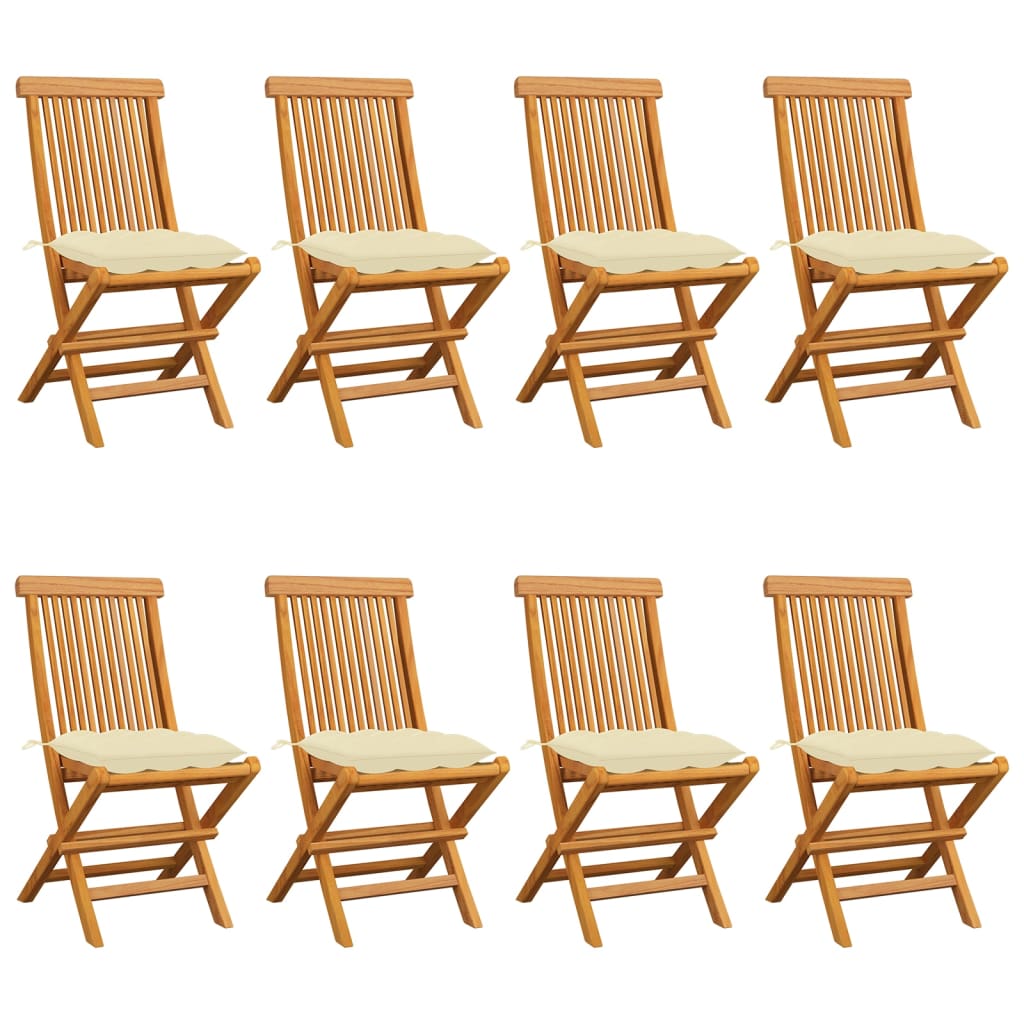 vidaXL Cadeiras de jardim c/ almofadões branco nata 8 pcs teca maciça