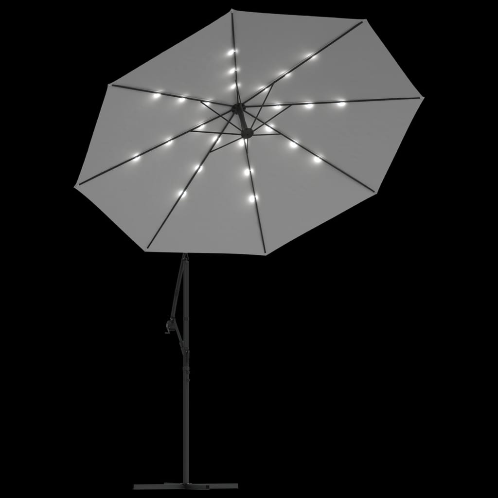 vidaXL Guarda-sol suspenso c/ iluminação LED 300 cm areia poste metal