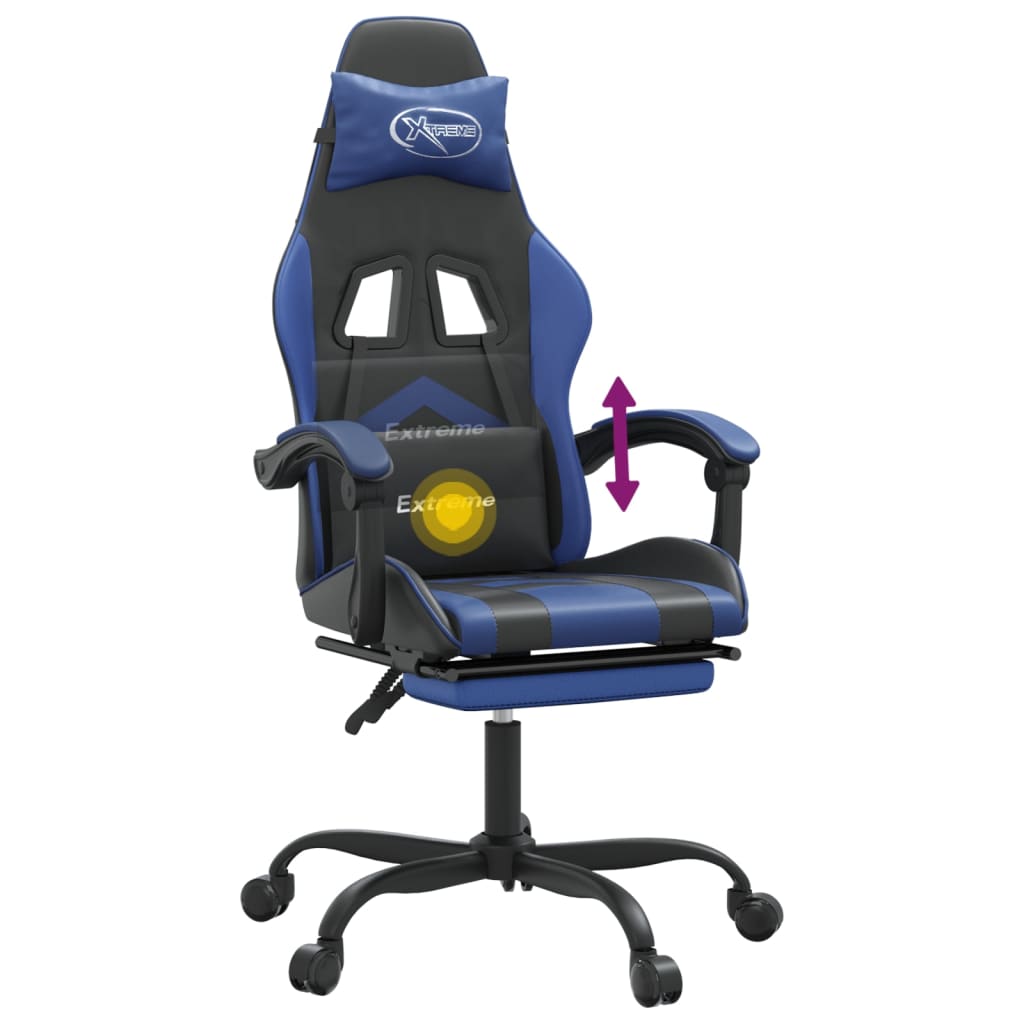 vidaXL Cadeira gaming giratória c/ apoio pés couro artif. preto/azul