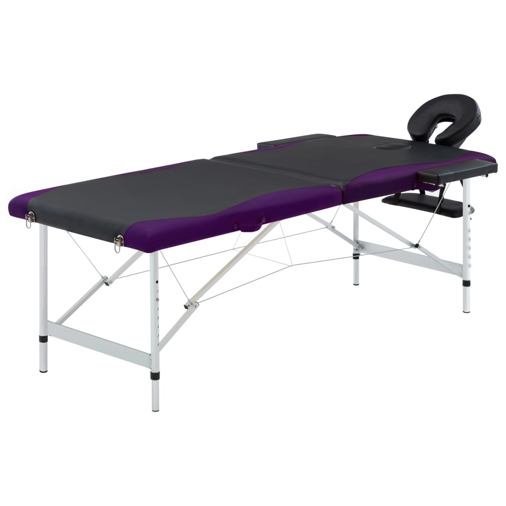 vidaXL Mesa de massagem dobrável 2 zonas alumínio preto e roxo