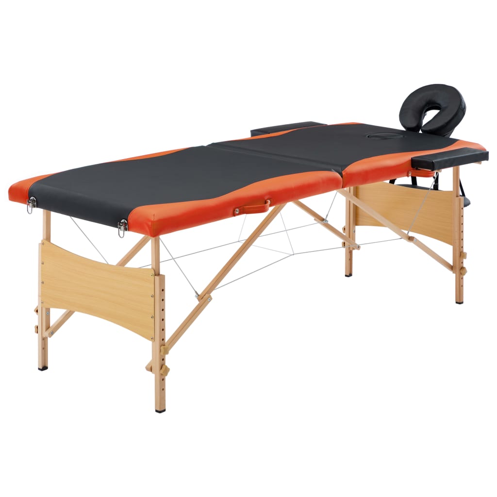 vidaXL Mesa de massagens dobrável 2 zonas madeira preto e laranja